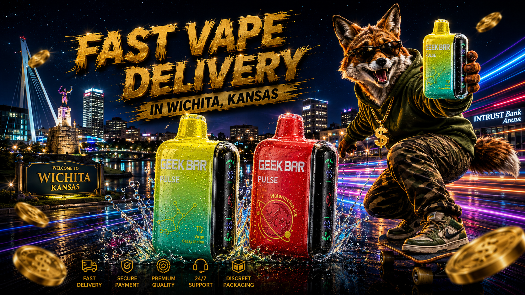 Bright vape devices with water splashes and a skateboarding fox race through Wichita’s neon-lit cityscape.