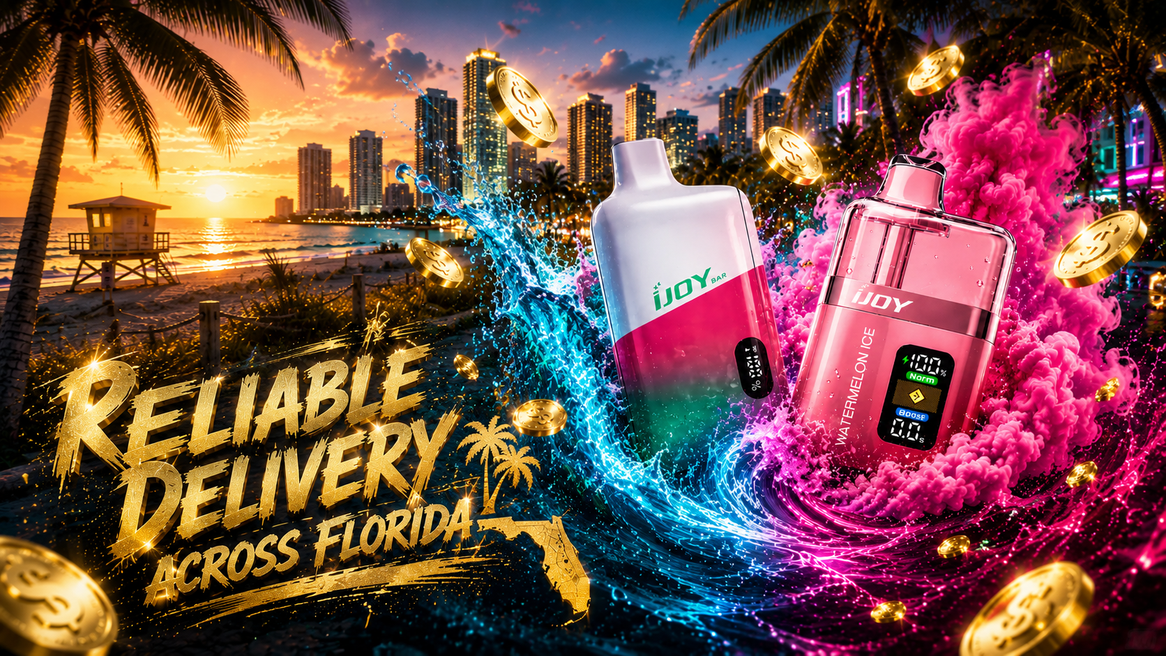 This dynamic promotional image features two iJOY disposable vapes surrounded by crashing blue water waves and vibrant pink clouds of vapor. Floating gold dollar coins and a glowing green money-themed cityscape create an energetic atmosphere that emphasizes value, savings, and premium vaping experiences. The colorful effects, detailed device displays, and dramatic motion make the scene ideal for showcasing affordable disposable vapes and online vape deals.