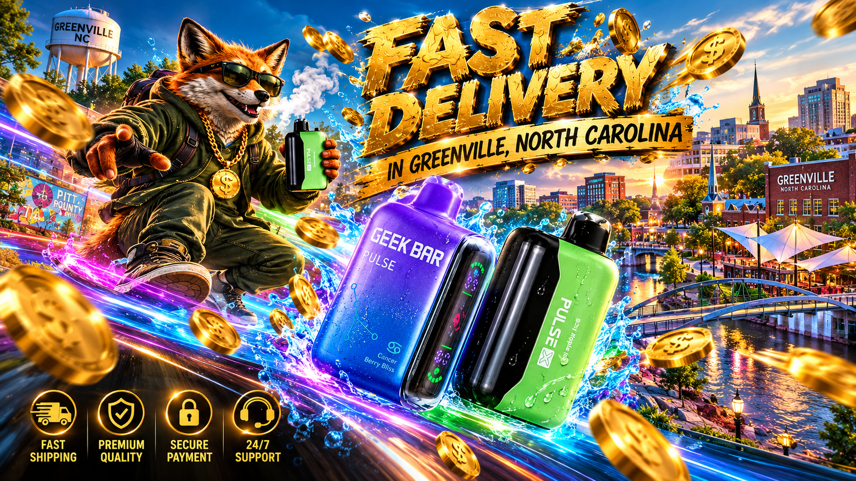 Water-dappled colorful vape devices surrounded by bright splashes and gold coins against a vibrant Greenville cityscape.