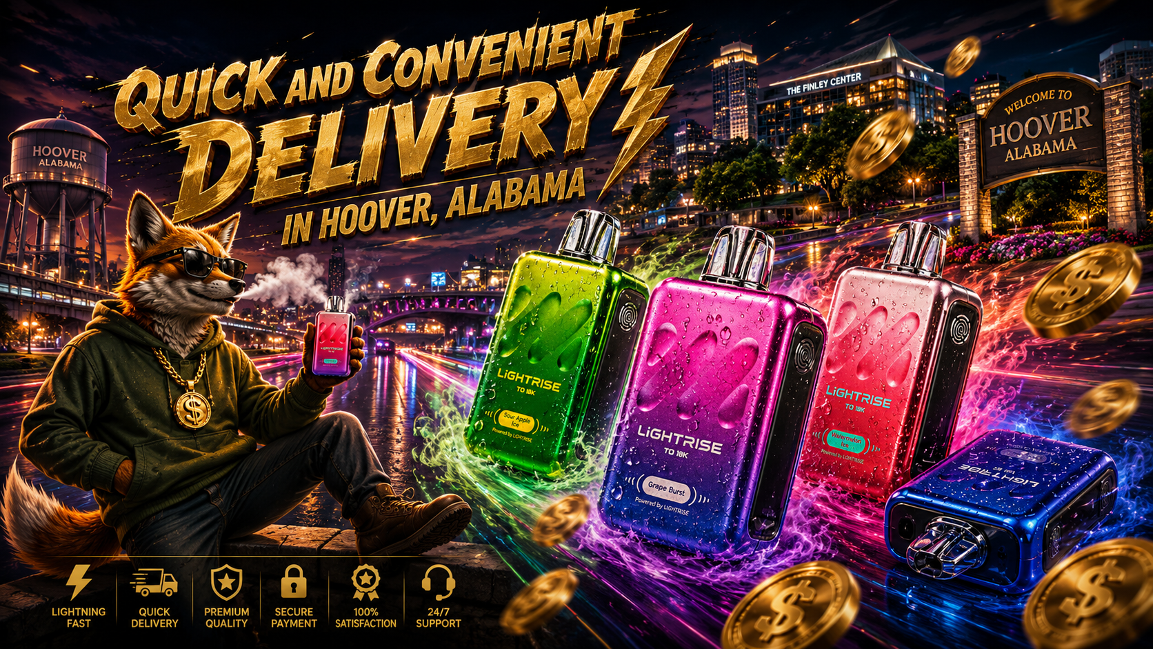 A colorful promotional banner advertises quick and convenient vape delivery in Hoover, Alabama, featuring vibrant LightRise disposable vapes surrounded by glowing energy effects, water droplets, and flying gold coins. A stylish fox mascot wearing sunglasses and a gold dollar-sign chain relaxes by the city waterfront while holding a vape device, with iconic Hoover landmarks and a nighttime skyline in the background. Large gold lettering highlights fast service, while quality, secure payment, customer satisfaction, and support icons reinforce a premium online shopping experience.