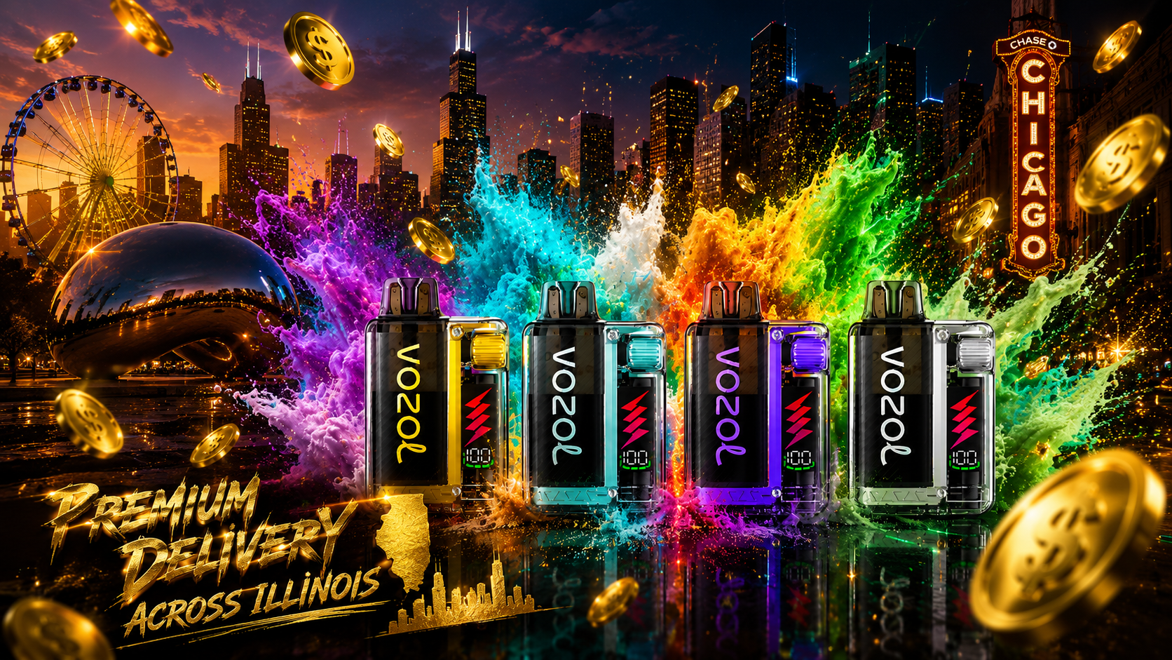 Four Vozol disposable vapes with different accent colors are displayed in front of dramatic explosions of colorful powder, creating a vibrant and energetic scene. Floating gold dollar coins and glowing green light effects surround the devices, adding a premium promotional atmosphere. The image showcases a variety of vape styles and colors while emphasizing excitement, affordability, and a wide product selection.