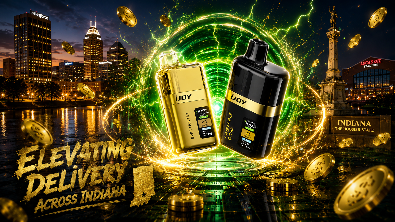 A dramatic promotional image features two premium disposable vape devices floating inside a glowing green energy portal surrounded by lightning effects and cascading gold coins. The background showcases iconic Indianapolis landmarks, including the city skyline, the Soldiers and Sailors Monument, and Lucas Oil Stadium illuminated against the night sky. The bold message 