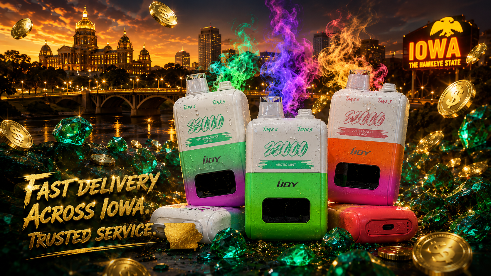 A vibrant promotional image showcases several colorful disposable vape devices displayed among sparkling emerald gemstones and floating gold coins. The background features the illuminated Iowa State Capitol, a glowing city skyline, and dramatic multicolored vapor clouds rising into the evening sky. Bold gold lettering reading 