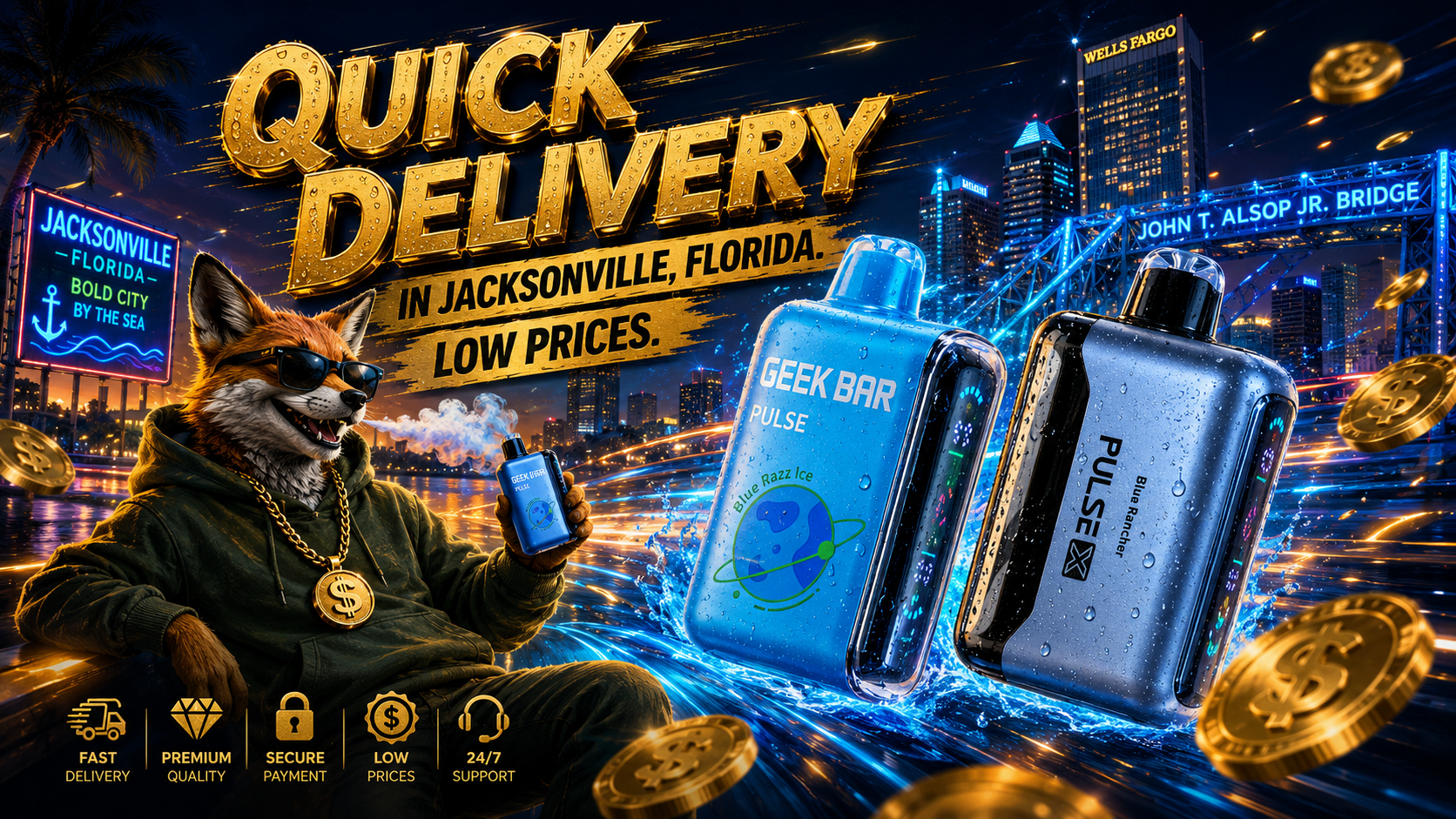 This eye-catching promotional banner features two Geek Bar Pulse disposable vapes with water droplets against the glowing Jacksonville, Florida skyline, highlighted by the iconic John T. Alsop Jr. Bridge. A stylish fox mascot holding a blue vape appears beside bold gold lettering that reads 