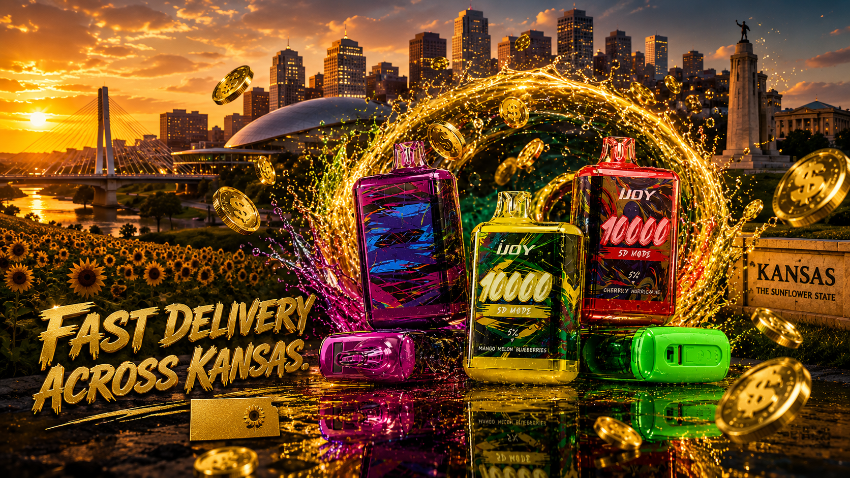 A vibrant promotional image showcases several colorful disposable vape devices surrounded by swirling golden energy, floating gold coins, and reflective liquid effects. The background features iconic Kansas landmarks, a city skyline at sunset, a field of sunflowers, and a sign reading 