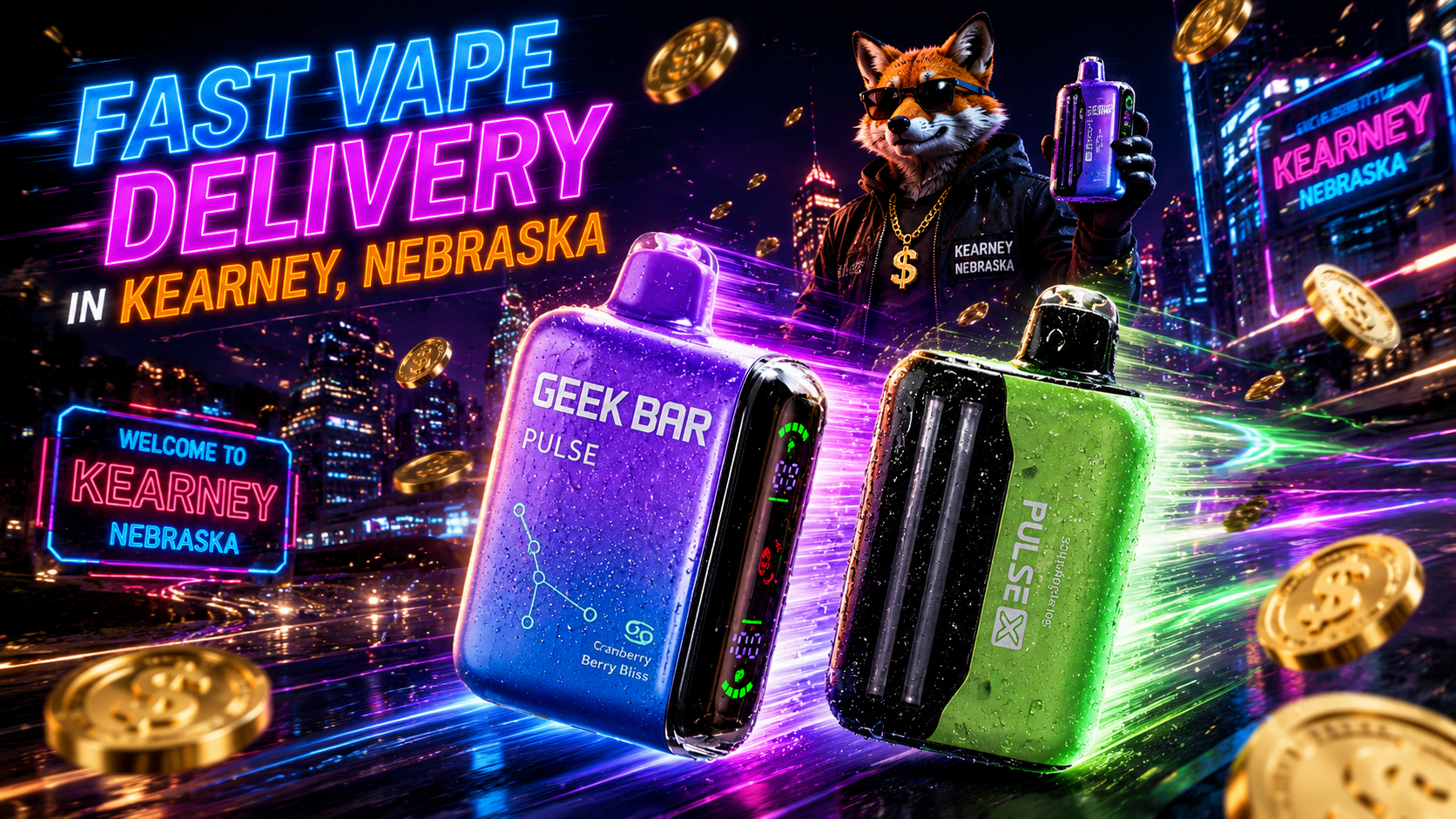 Purple and green vape devices with water droplets, neon energy trails, a fox mascot, and a vibrant Kearney city backdrop.