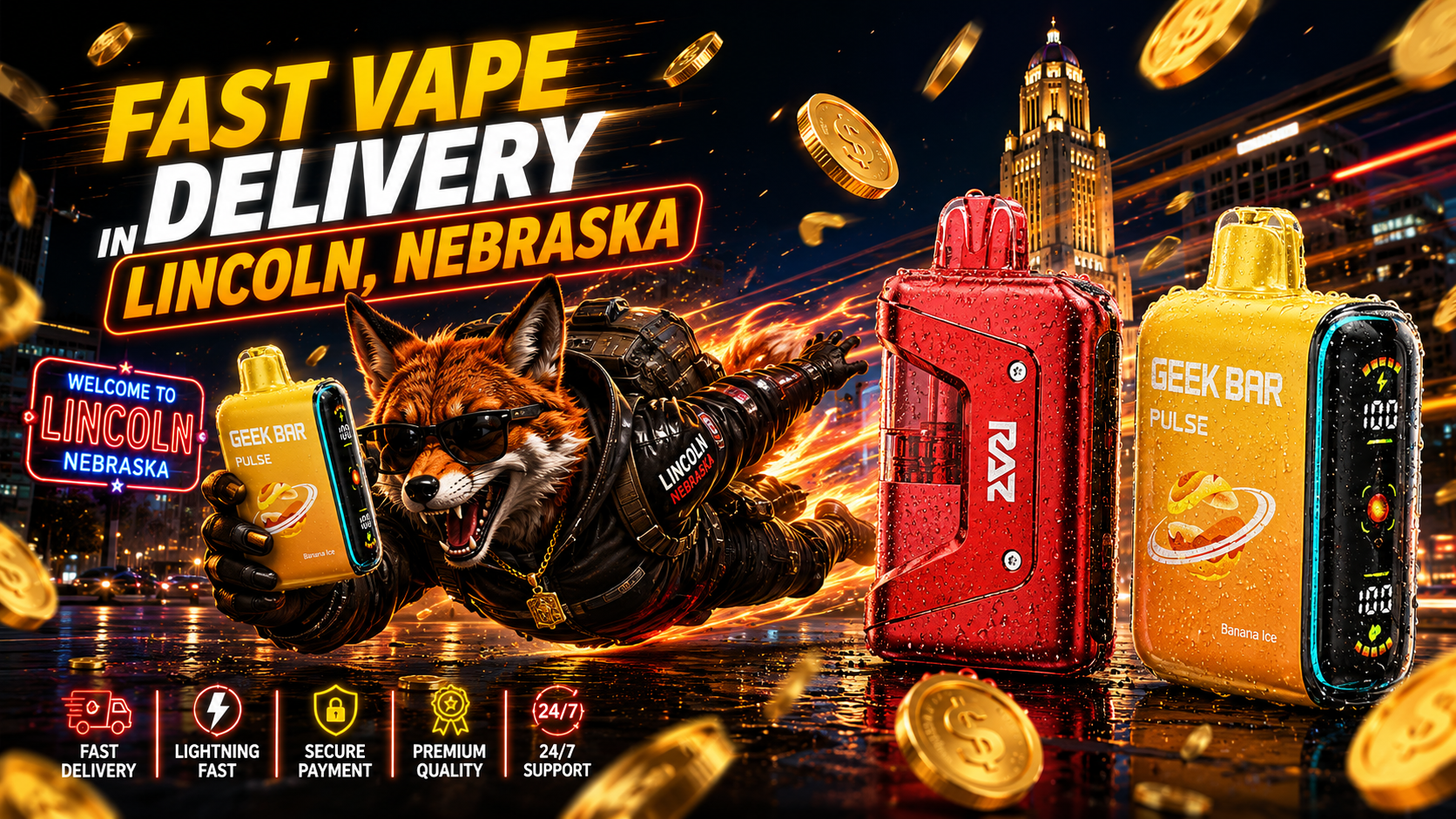 Red and yellow vape devices with water droplets, a flying fox mascot, and glowing light trails across the Lincoln skyline.