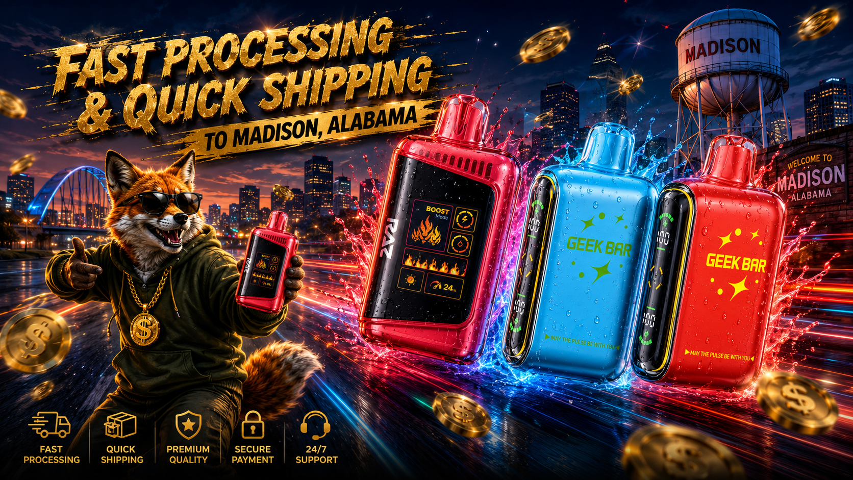 A colorful promotional banner highlights fast processing and quick shipping to Madison, Alabama, featuring premium disposable vape devices with vibrant water splashes, glowing light trails, and floating gold coins against a dramatic nighttime city skyline. A stylish fox wearing sunglasses, a hoodie, and a gold chain proudly holds a vape while adding energy and personality to the scene, reinforcing the theme of fast and reliable online vape service. The design also showcases icons representing fast order processing, quick shipping, premium quality, secure payment, and 24/7 customer support.
