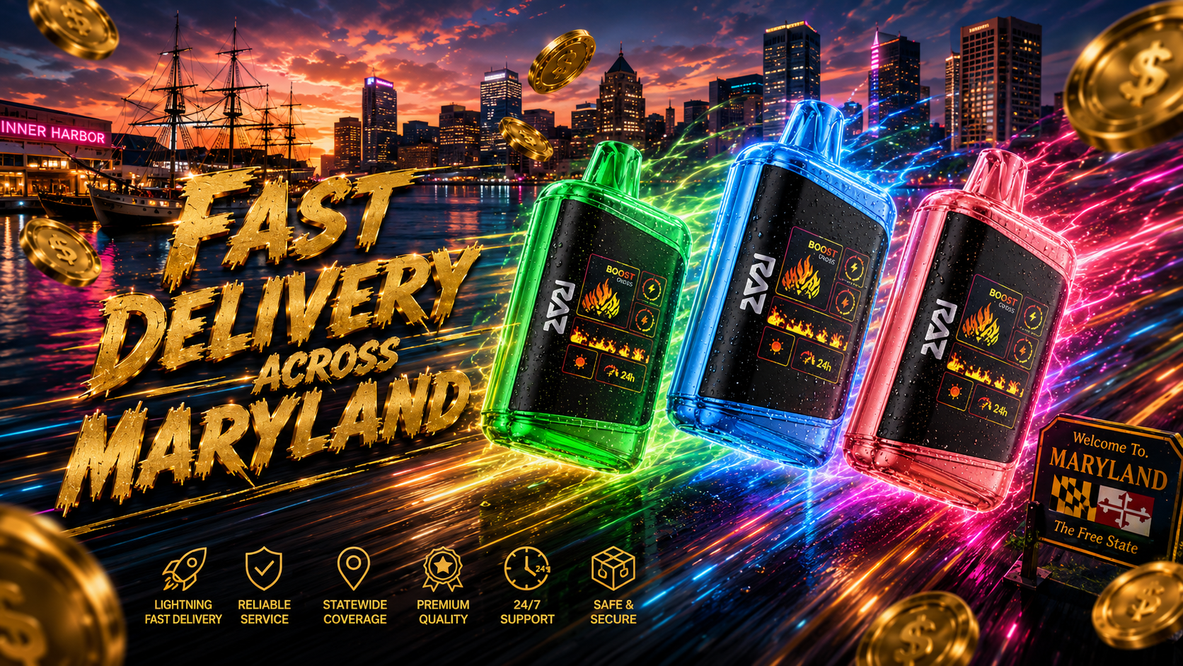 A colorful promotional image features three RAZ disposable vapes flying through vibrant streams of energy and light across the Baltimore Inner Harbor skyline at sunset. Gold coins float around the scene while a Maryland welcome sign and waterfront landmarks emphasize fast statewide vape delivery service. Bold gold lettering highlights fast delivery across Maryland, with icons showcasing reliable service, premium quality, statewide coverage, and secure shipping.