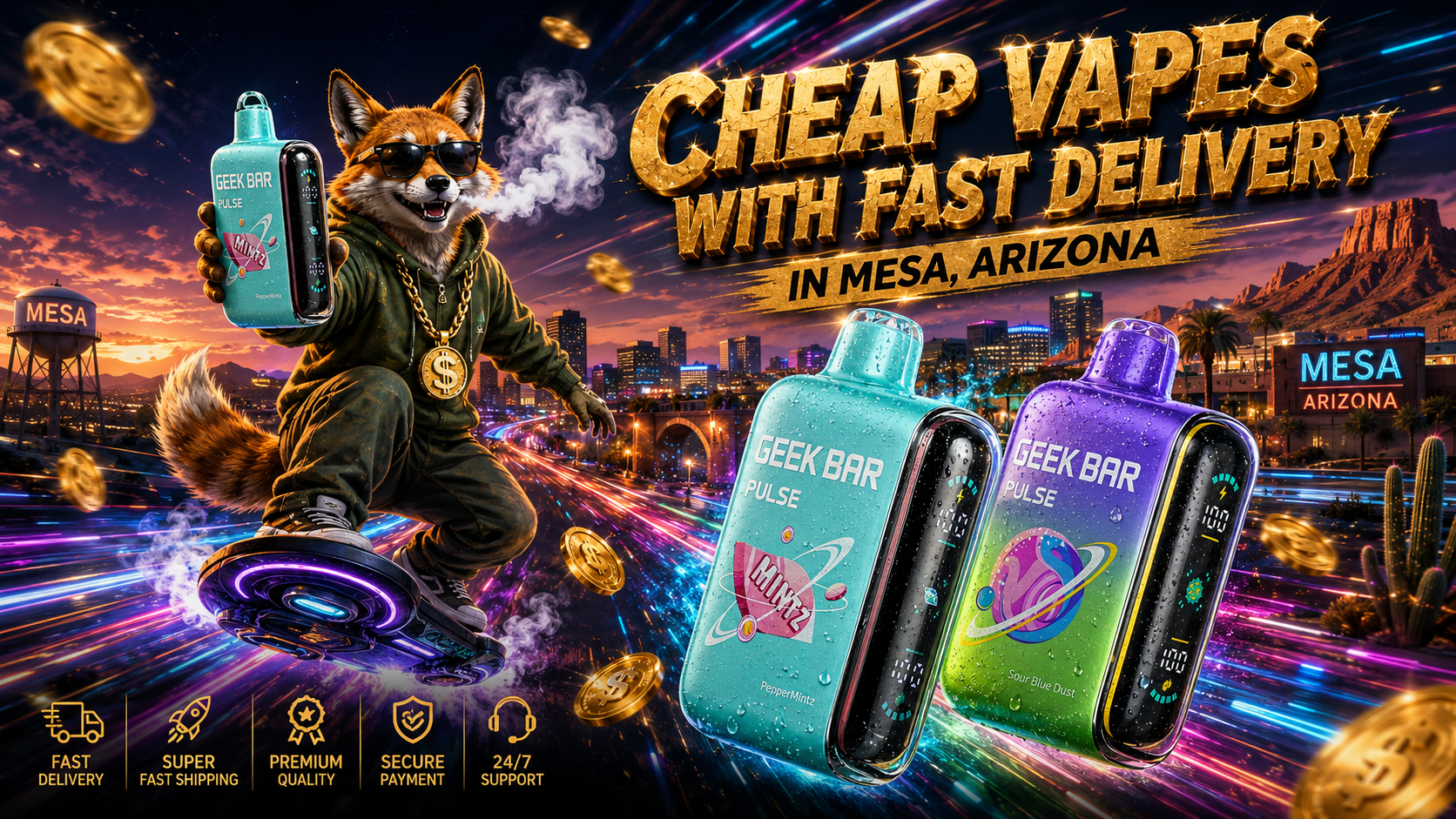 This promotional banner showcases cheap vapes with fast delivery in Mesa, Arizona, featuring three Geek Bar disposable vapes surrounded by colorful energy trails, water droplets, and glowing motion effects. A stylish fox rides a futuristic hoverboard while holding a disposable vape, with the Mesa skyline, Arizona desert landscape, and floating gold coins creating a bold and energetic atmosphere. The image highlights affordable prices, fast shipping, premium quality, secure payments, and dependable customer support for online vape shoppers.