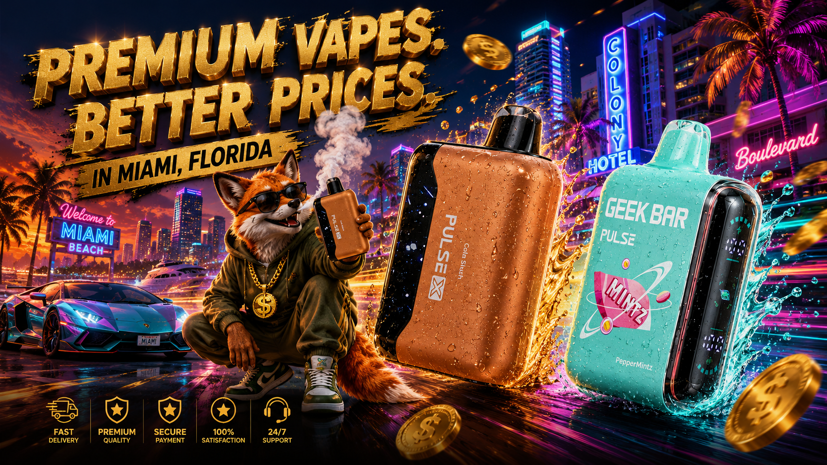 A striking promotional banner showcases two premium Geek Bar disposable vapes surrounded by water splashes, glowing energy effects, and floating gold coins against the colorful nighttime skyline of Miami, Florida. A fashionable fox wearing sunglasses and a gold chain holds a vape while sitting beside the devices, emphasizing premium quality, affordable prices, and fast shipping. Large golden text reading 