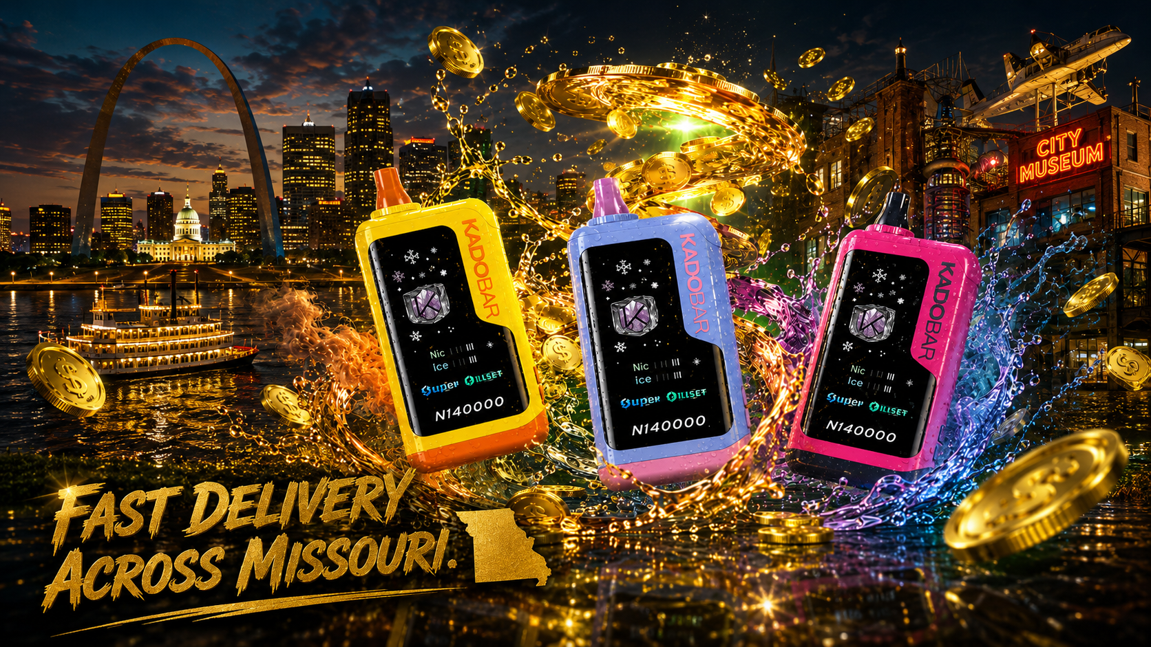 A vibrant promotional image showcases three colorful disposable vape devices surrounded by swirling golden energy, splashing liquid effects, and floating gold coins. The background features iconic Missouri landmarks, including the Gateway Arch, the St. Louis skyline, a riverboat, and the City Museum illuminated against the evening sky. Bold gold lettering reading 
