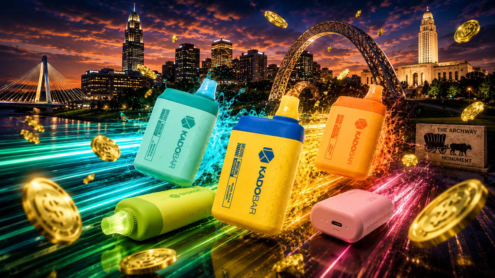 A dynamic promotional image showcases several colorful Kado Bar disposable vapes racing through a futuristic neon-green city with glowing speed trails behind them. Floating gold coins, vibrant energy effects, and realistic water droplets create a premium atmosphere that emphasizes fast shipping and exceptional value. The bright devices in multiple colors highlight a wide flavor selection while reinforcing themes of convenience, innovation, and reliable vape delivery.