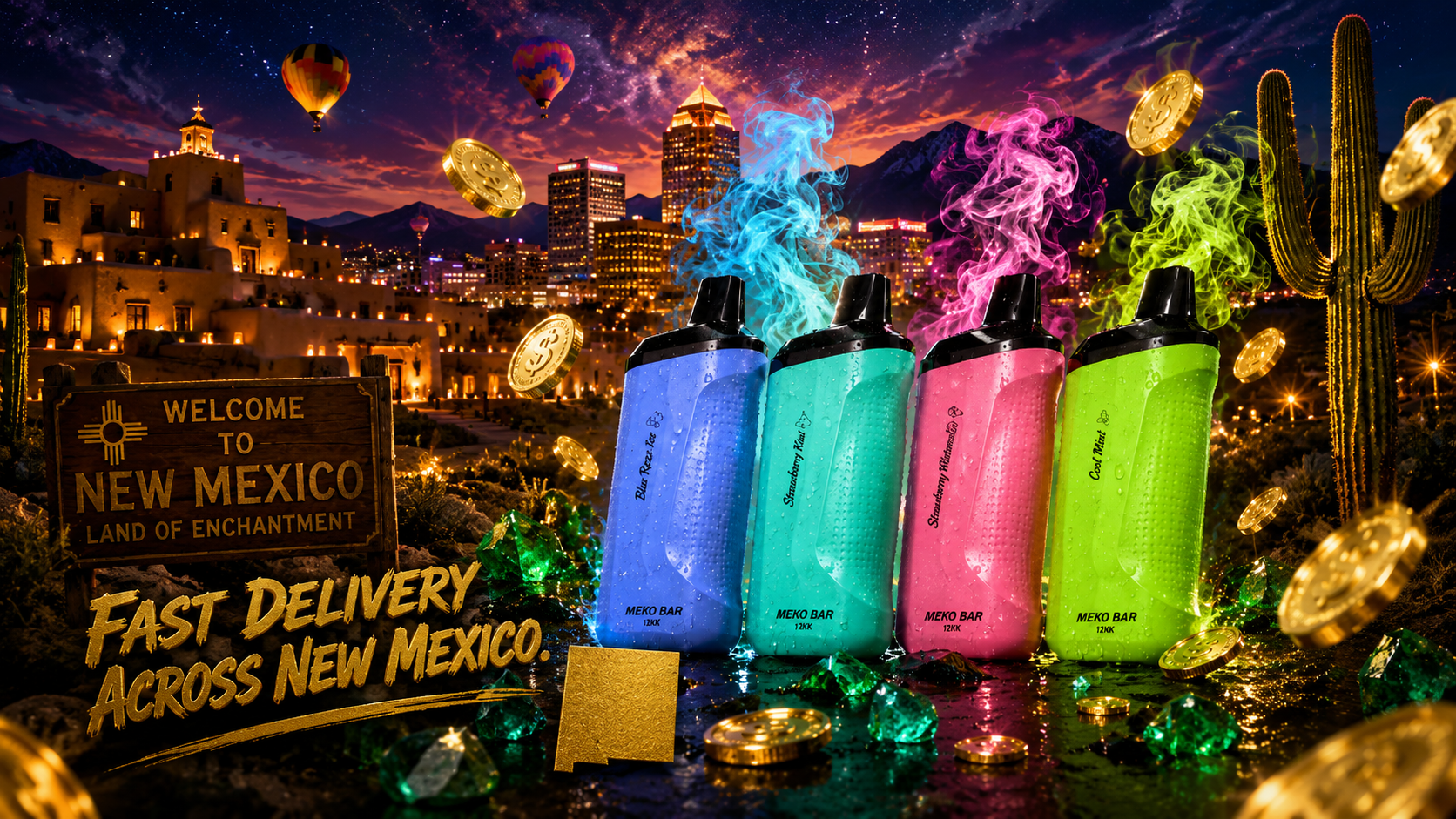 A collection of colorful MEKO BAR disposable vapes is displayed against a dramatic New Mexico nightscape featuring desert architecture, mountain silhouettes, glowing city lights, and towering cacti. Bright clouds of colored vapor rise above the devices while gold coins and emerald-like gemstones scatter across the foreground, creating a premium and energetic atmosphere. The image highlights fast delivery across New Mexico with vibrant lighting, water droplets on the devices, and a luxurious promotional design.