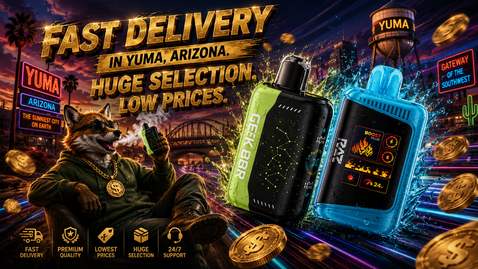 A striking promotional banner showcases two colorful disposable vape devices with water droplets and vibrant energy effects against a futuristic nighttime skyline of Yuma, Arizona. A relaxed fox wearing sunglasses, a hoodie, and a gold chain lounges in a chair while holding a vape and exhaling vapor, creating a fun and confident atmosphere. Large golden lettering promotes fast delivery in Yuma, Arizona, along with a huge selection, low prices, and trusted online service supported by icons for premium quality, fast delivery, and 24/7 customer support.