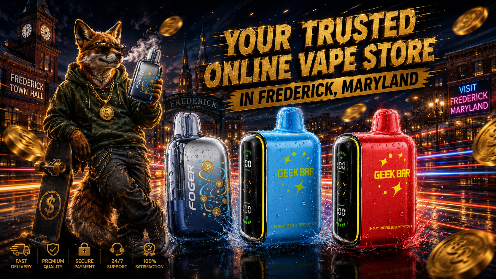 Silver, blue and red vape devices with water droplets framed by glowing streets and historic Frederick landmarks.