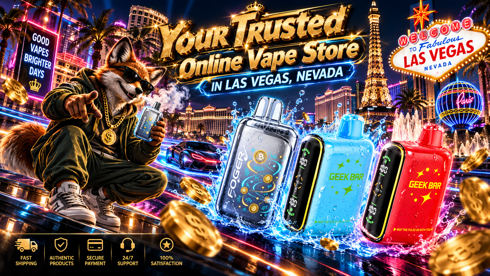 Colorful vaping devices with water splashes against a neon Las Vegas skyline with fast shipping service icons.