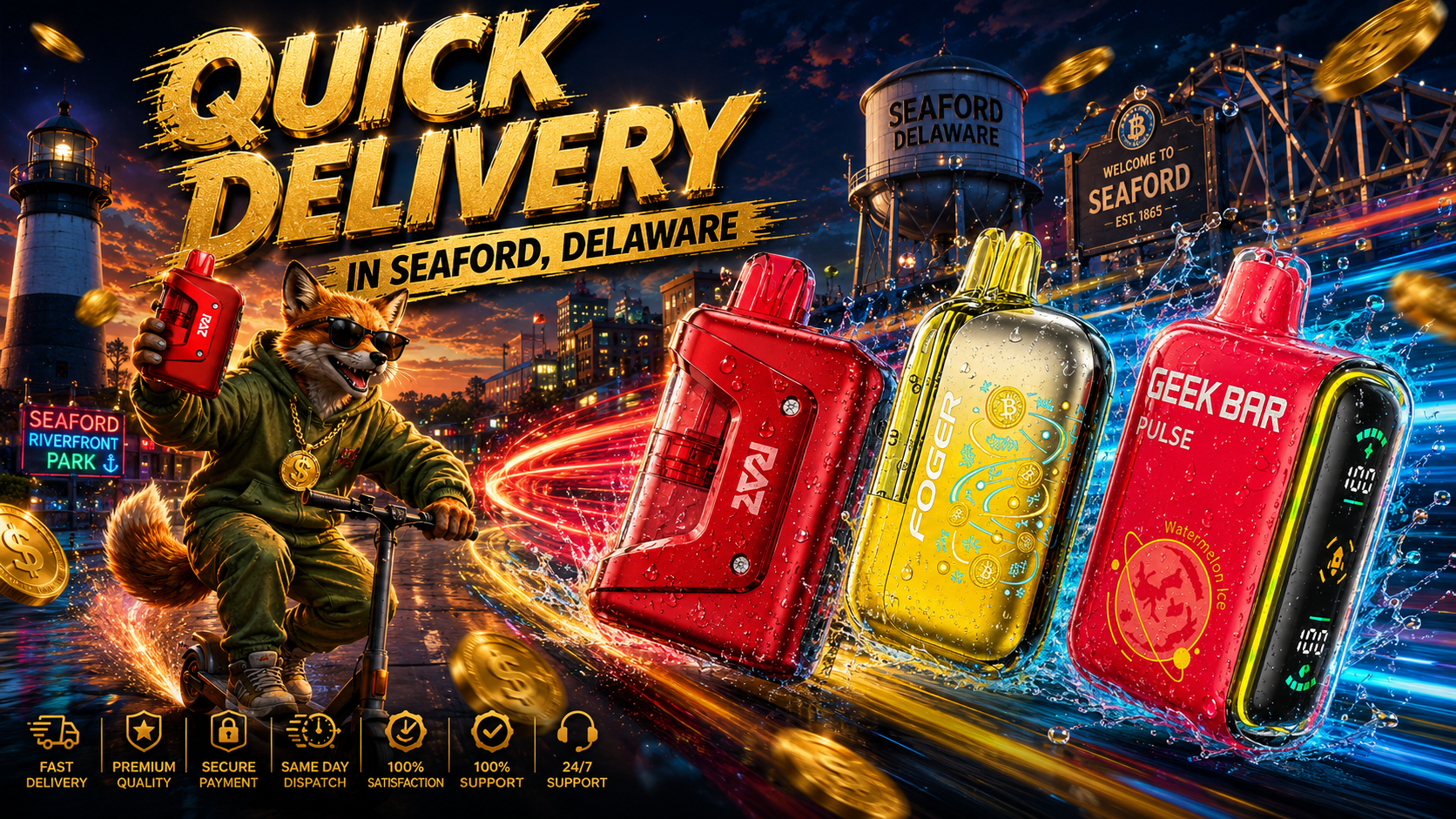 Colorful disposable vape devices with water droplets, speed trails, and a Seaford, Delaware cityscape in the background.