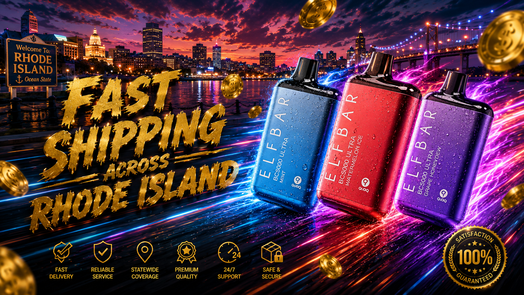 A vivid advertising banner features three colorful Elf Bar BC5000 Ultra disposable vapes speeding through a futuristic Rhode Island waterfront illuminated by a dramatic sunset skyline. Bright blue, red, and purple energy trails, floating gold coins, and sparkling water droplets create a sense of motion, speed, and premium quality. Large gold text reading 