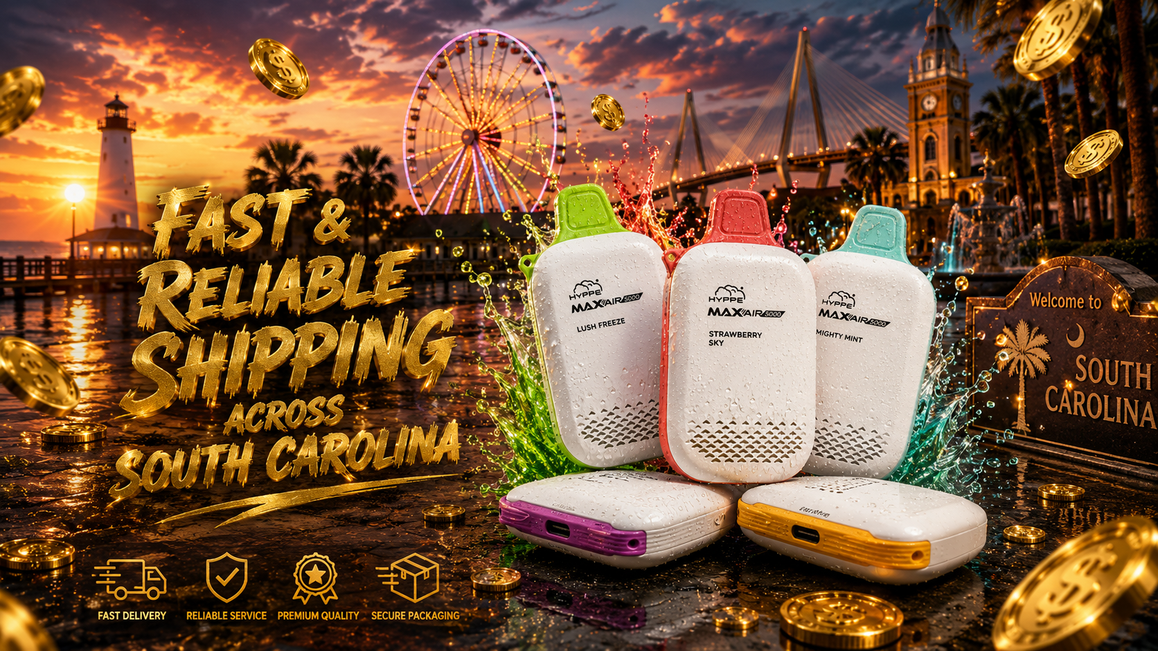 A premium promotional image features several Hyppe Max Air 5000 disposable vape devices surrounded by colorful liquid splashes, floating gold coins, and water droplets. The background showcases recognizable South Carolina landmarks, including a lighthouse, a waterfront promenade, a Ferris wheel, a cable-stayed bridge, and historic coastal architecture illuminated by a vibrant sunset. Large golden text emphasizes fast and reliable shipping across South Carolina, while icons highlight fast delivery, reliable service, premium quality, and secure packaging.