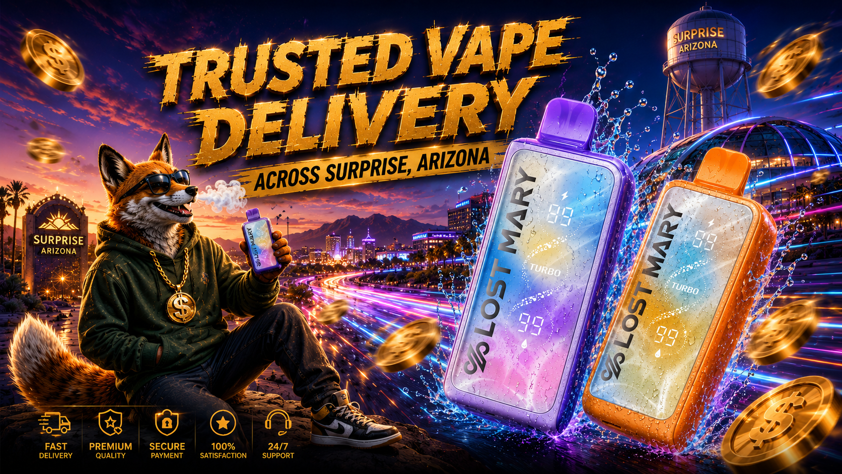 This eye-catching banner promotes trusted vape delivery across Surprise, Arizona, featuring two colorful Lost Mary Turbo disposable vapes surrounded by dramatic water splashes and glowing neon city lights. A stylish fox wearing sunglasses and a gold chain relaxes while holding a vape, with floating gold coins and iconic Surprise landmarks creating a vibrant, premium atmosphere. Large gold lettering emphasizes reliable vape delivery, highlighting fast shipping, excellent service, and a convenient online shopping experience.