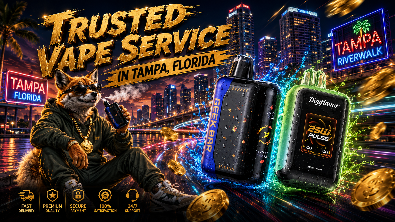 This vibrant promotional banner features Geek Bar and Digiflavor disposable vapes against the dazzling nighttime skyline of Tampa, Florida, with the iconic Tampa Riverwalk glowing in the background. A fashionable fox mascot, flying gold coins, colorful liquid splash effects, and bold 