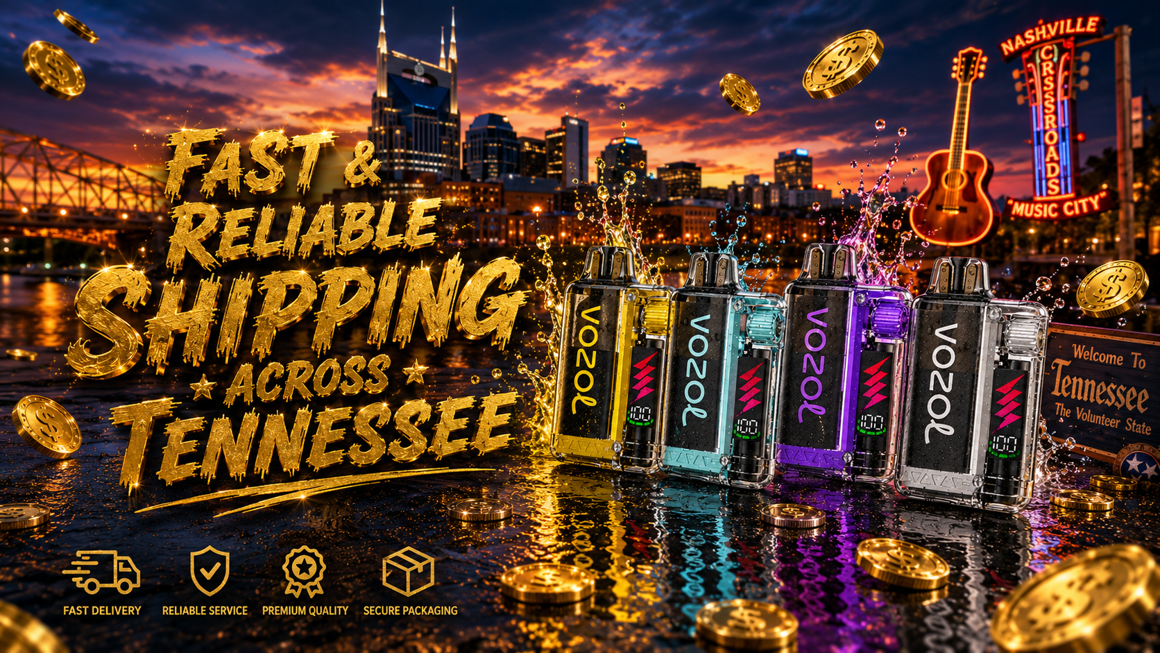 A vibrant promotional image features four colorful vape devices displayed against the glowing Nashville skyline at sunset, with the iconic Music City guitar sign and Tennessee welcome sign in the background. Gold coins, reflective water effects, and dynamic splashes of colorful liquid create an energetic scene that emphasizes speed and excitement. Large gold lettering promotes fast and reliable shipping across Tennessee, accompanied by icons representing fast delivery, reliable service, premium quality, and secure packaging.