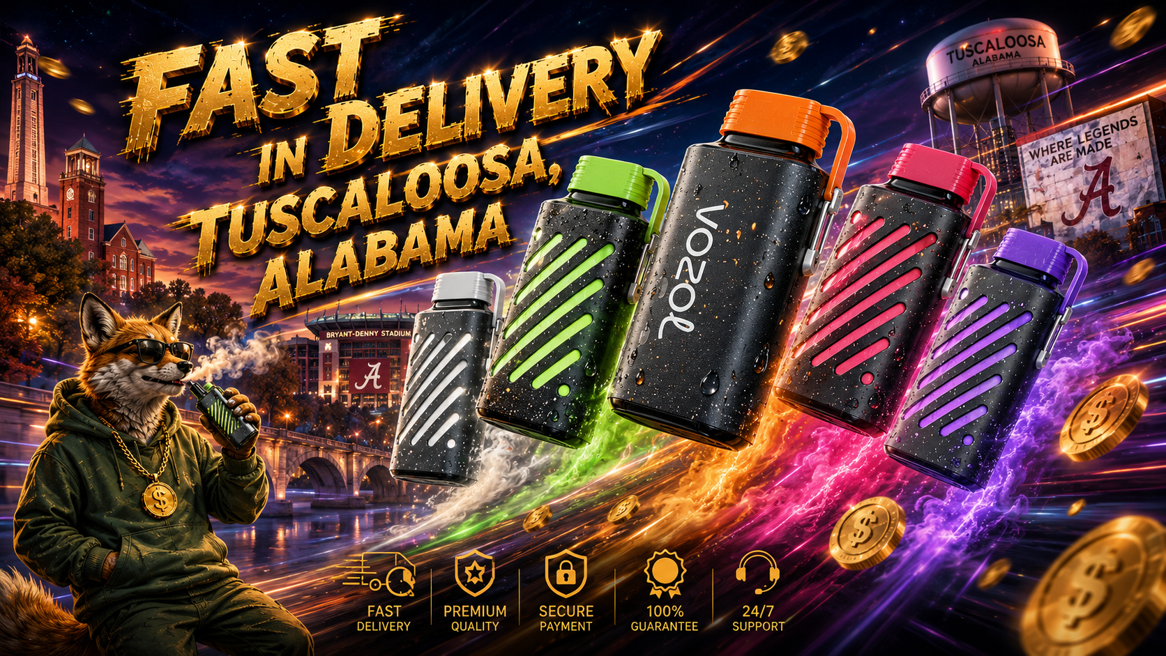 A colorful promotional banner features Vozol disposable vapes flying through a vibrant Tuscaloosa, Alabama skyline with glowing energy trails, swirling vapor clouds, and floating gold coins. A fox mascot wearing sunglasses and a gold dollar-chain relaxes by the riverfront while vaping, with iconic landmarks such as Bryant-Denny Stadium, the Tuscaloosa water tower, and historic campus buildings visible in the background. Bold golden lettering emphasizes fast delivery service, creating a dynamic scene focused on speed, value, and premium vape products.