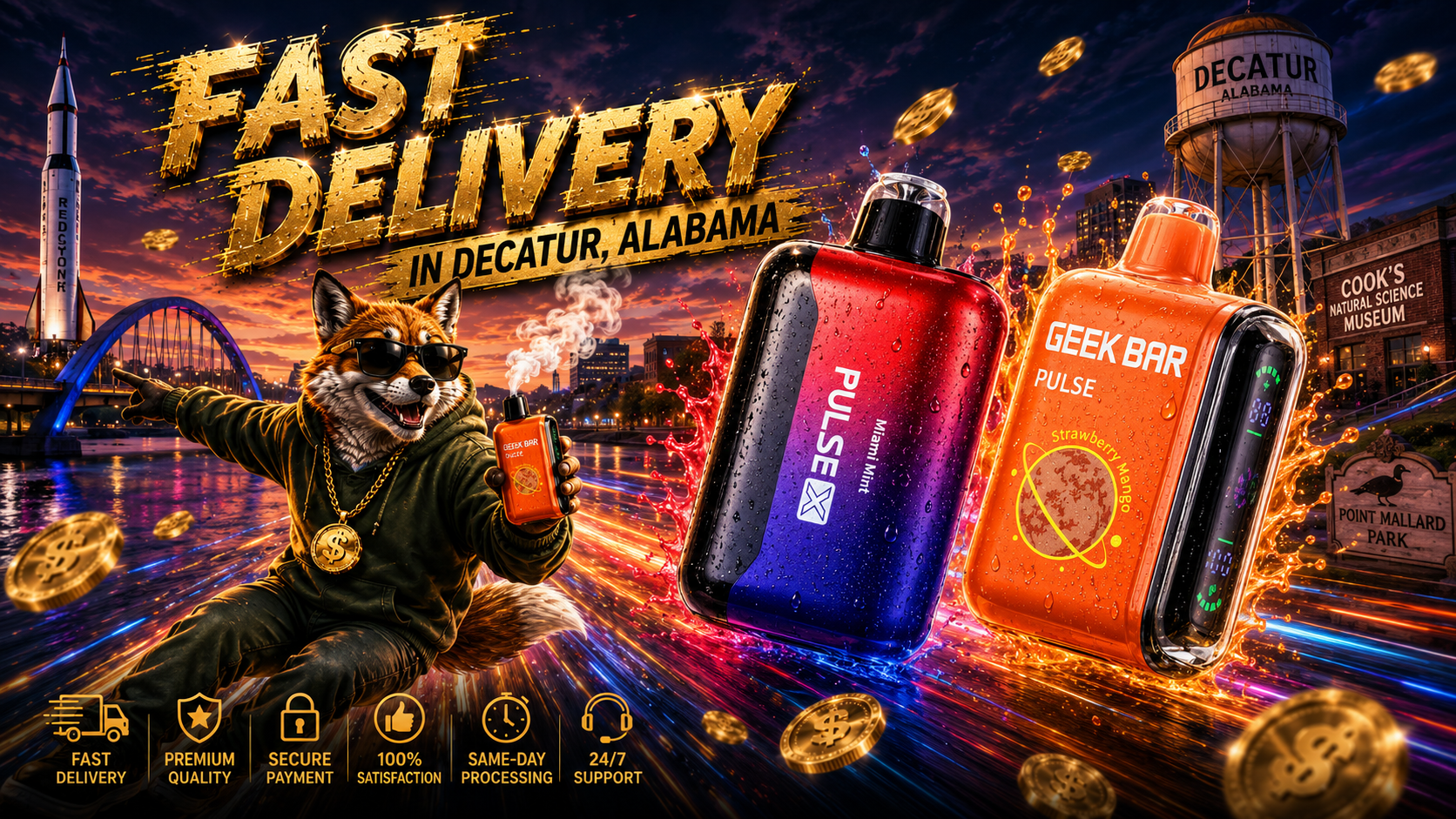 A vibrant promotional illustration features colorful disposable vapes with sparkling water droplets, glowing energy effects, and famous Decatur, Alabama landmarks illuminated against a dramatic sunset skyline. A cool fox wearing sunglasses holds a vape while golden coins float through the scene, creating a bold sense of speed, value, and excitement. The artwork emphasizes fast delivery, premium-quality disposable vapes, and a dynamic online vape shopping experience.