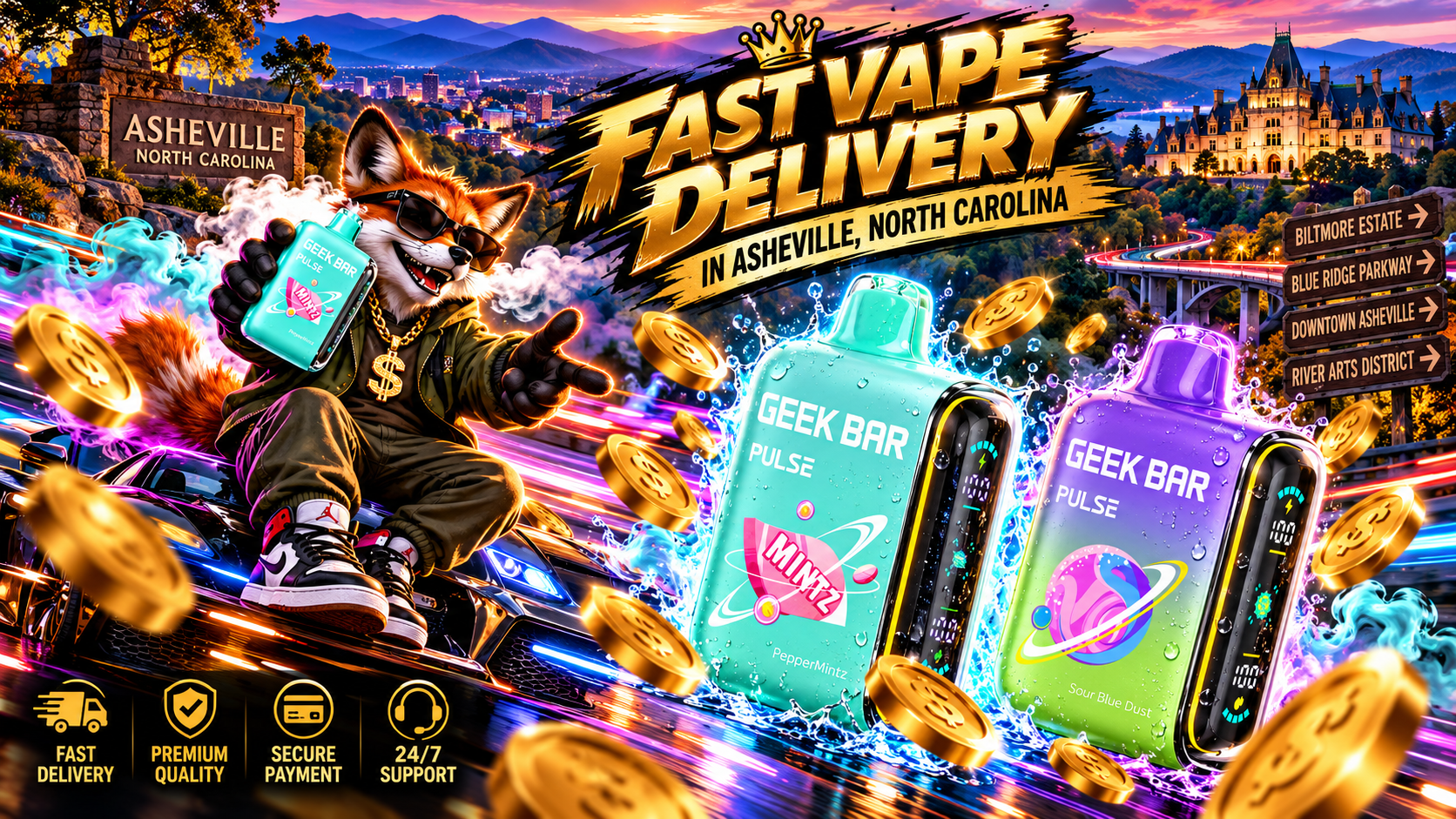 Colorful compact vape devices with water droplets, vivid splashes, and flying gold coins against Asheville mountain scenery.