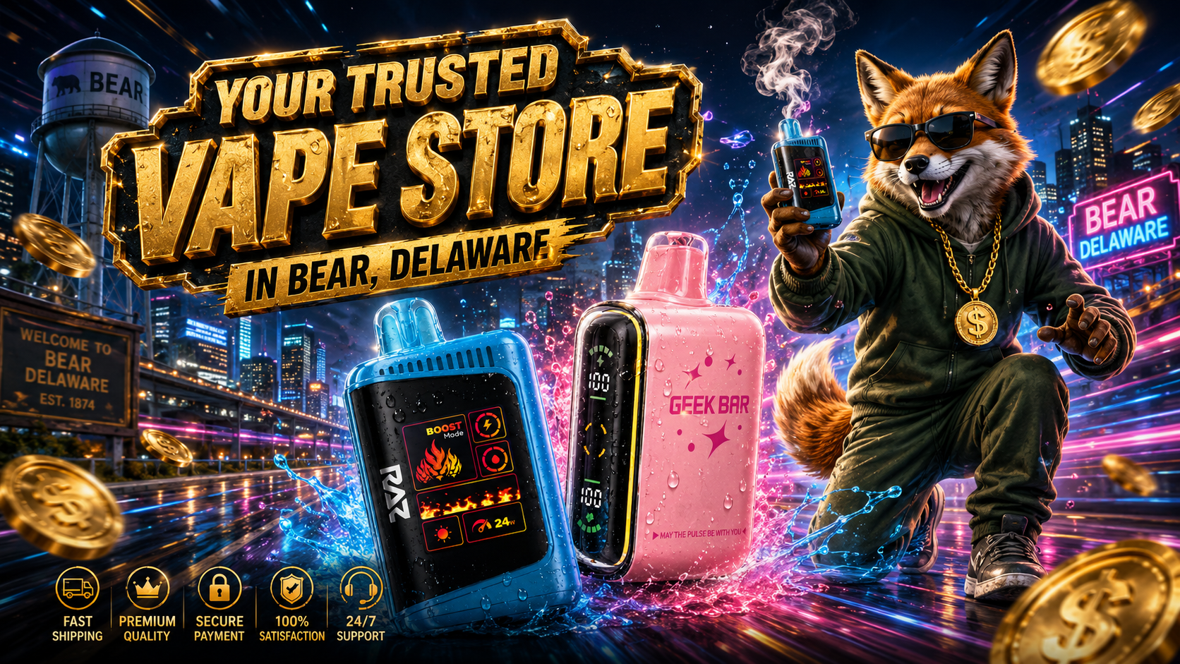 RAZ and Geek Bar disposable vapes with water droplets, a fox mascot, and a nighttime Bear, Delaware city backdrop.