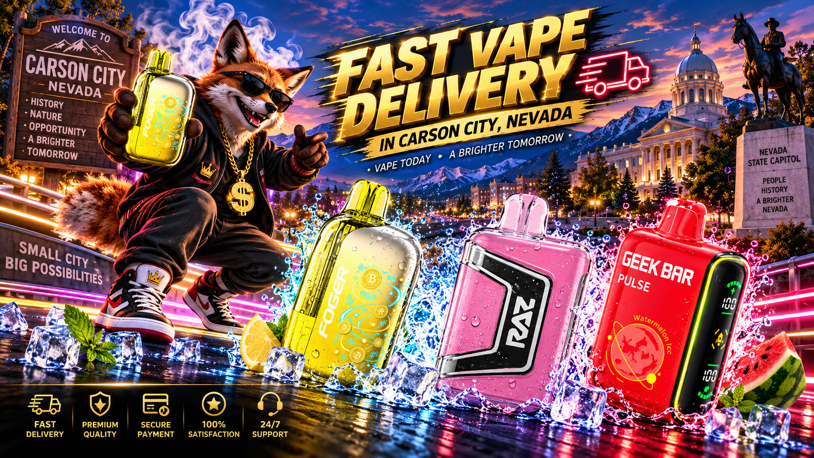 Bright vaping devices surrounded by icy water effects and neon lights with Carson City landmarks in the background.