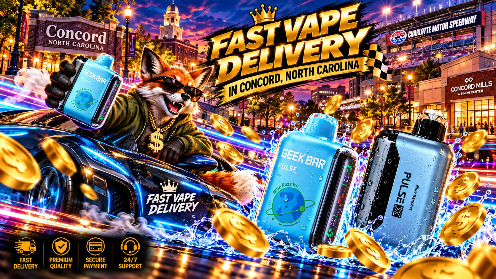 Blue compact vape devices with water droplets, dynamic splashes, and flying gold coins against a vivid Concord city backdrop.