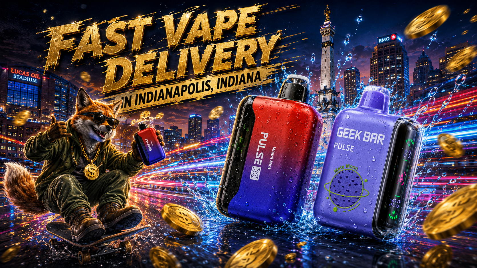 Two colorful vape devices with water splashes, flying coins, and a fox riding through the Indianapolis skyline.