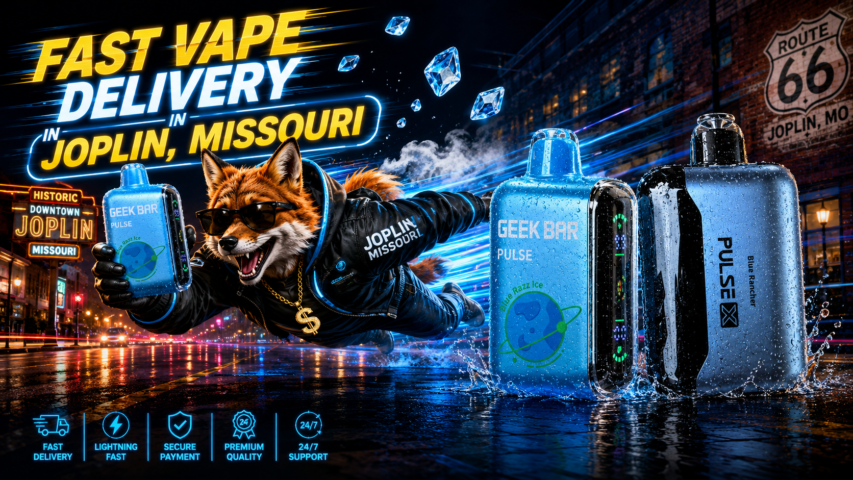Blue vape devices with water droplets, ice accents and vivid light trails in a nighttime Joplin, Missouri city scene.
