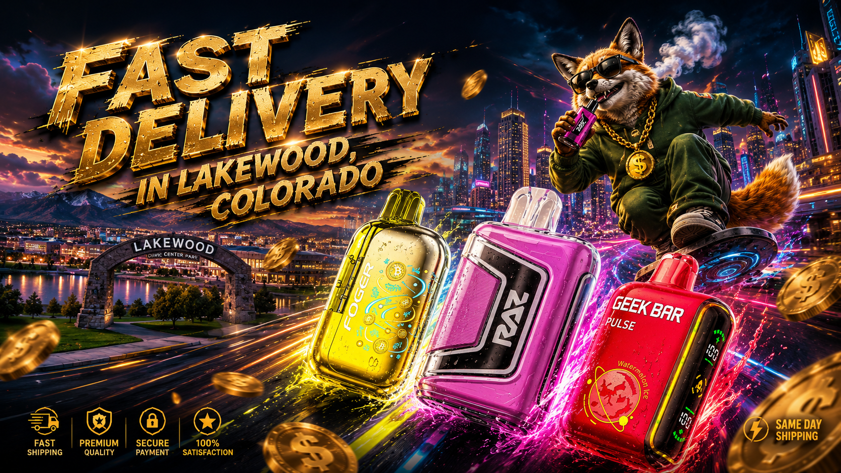 A dynamic promotional banner advertises fast vape delivery in Lakewood, Colorado, featuring colorful disposable vapes from Geek Bar, RAZ, and Foger with vivid liquid splashes, glowing effects, and floating gold coins. A stylish fox mascot wearing sunglasses, a hoodie, and a gold chain rides a hoverboard while enjoying a vape, with the illuminated Lakewood skyline and Civic Center Park entrance creating a dramatic nighttime backdrop. Large gold lettering emphasizes fast delivery, while service icons highlight fast shipping, premium quality, secure payment, customer satisfaction, and same-day shipping.