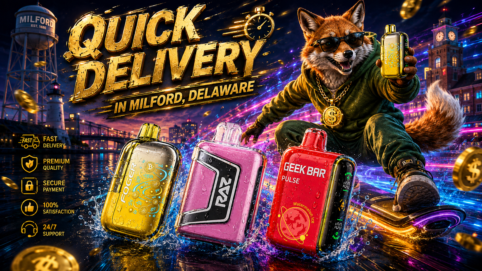 Promotional banner with colorful disposable vapes, a fox mascot, and a Milford, Delaware waterfront at night.