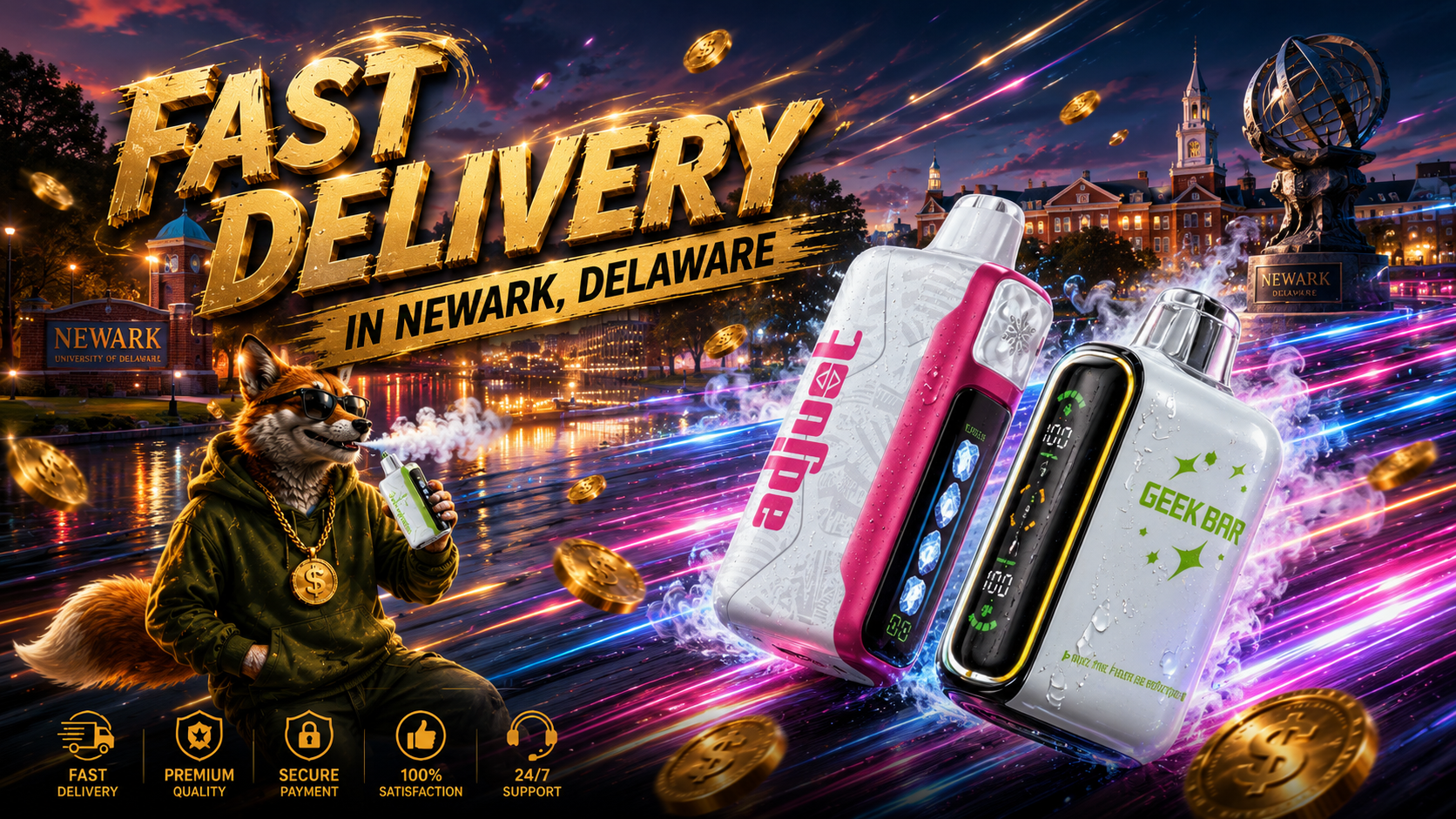 Disposable vapes with water droplets, a fox mascot, flying coins, and a fast-moving Newark skyline.