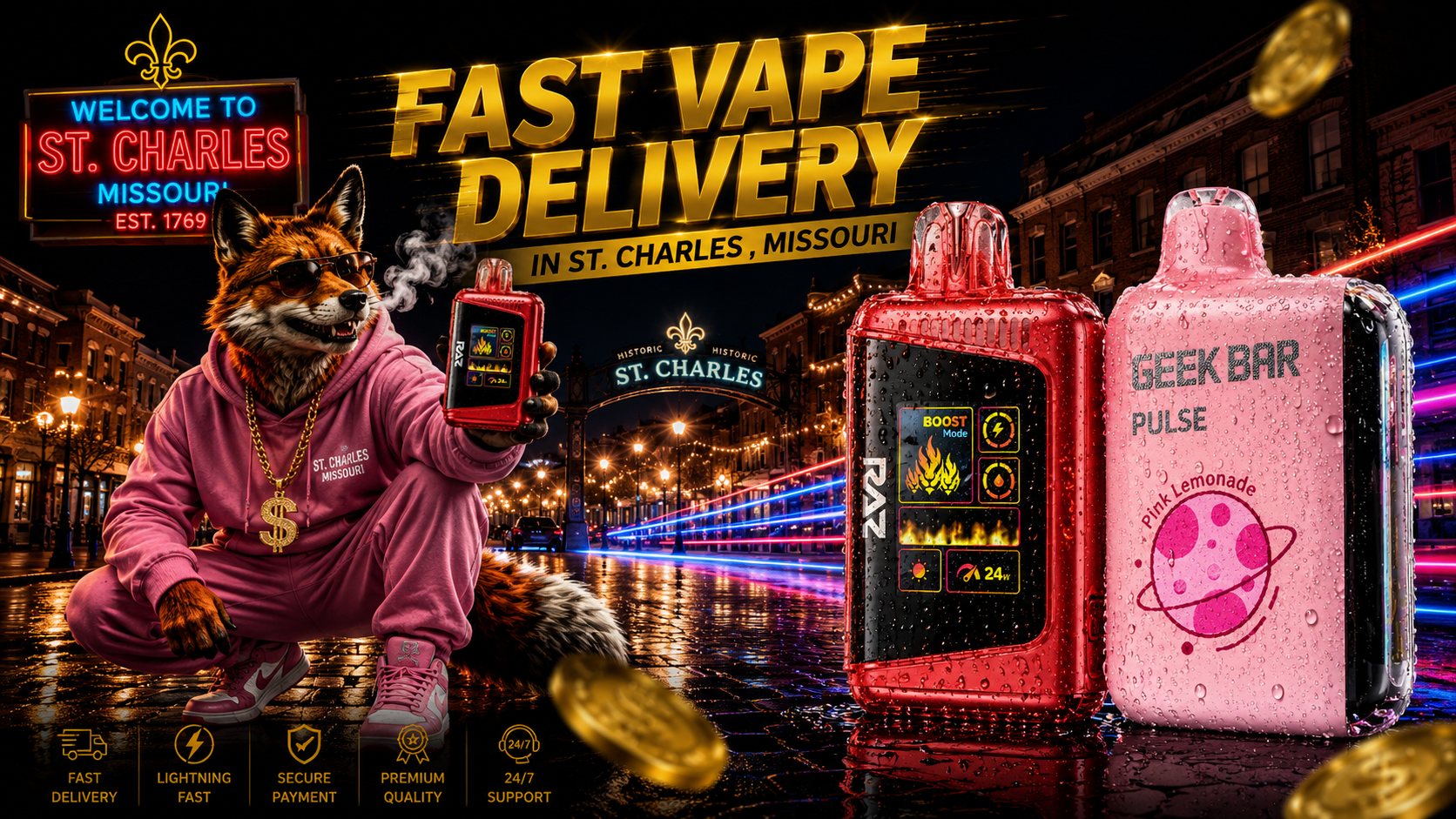 Red and pink vape devices with water droplets and digital displays in a vibrant nighttime St. Charles city scene.