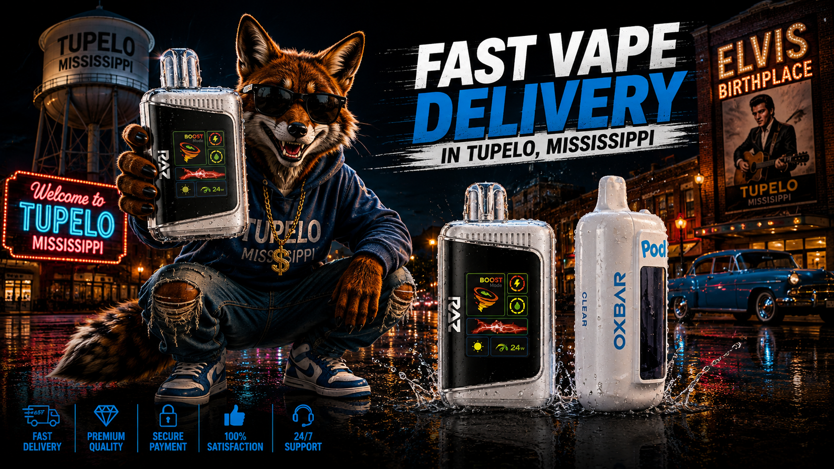 White vape devices with digital displays and water droplets set against a vibrant Tupelo night scene.