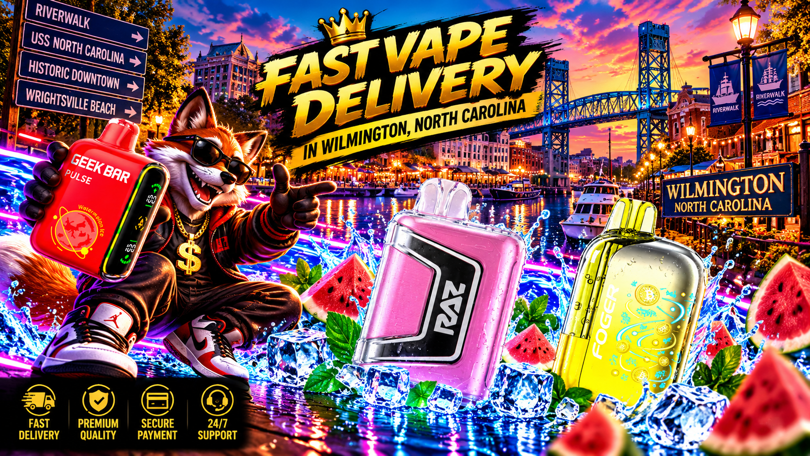 Red and purple vape devices glisten with water droplets amid ice, splashes, and colorful lights in a lively Cary scene.