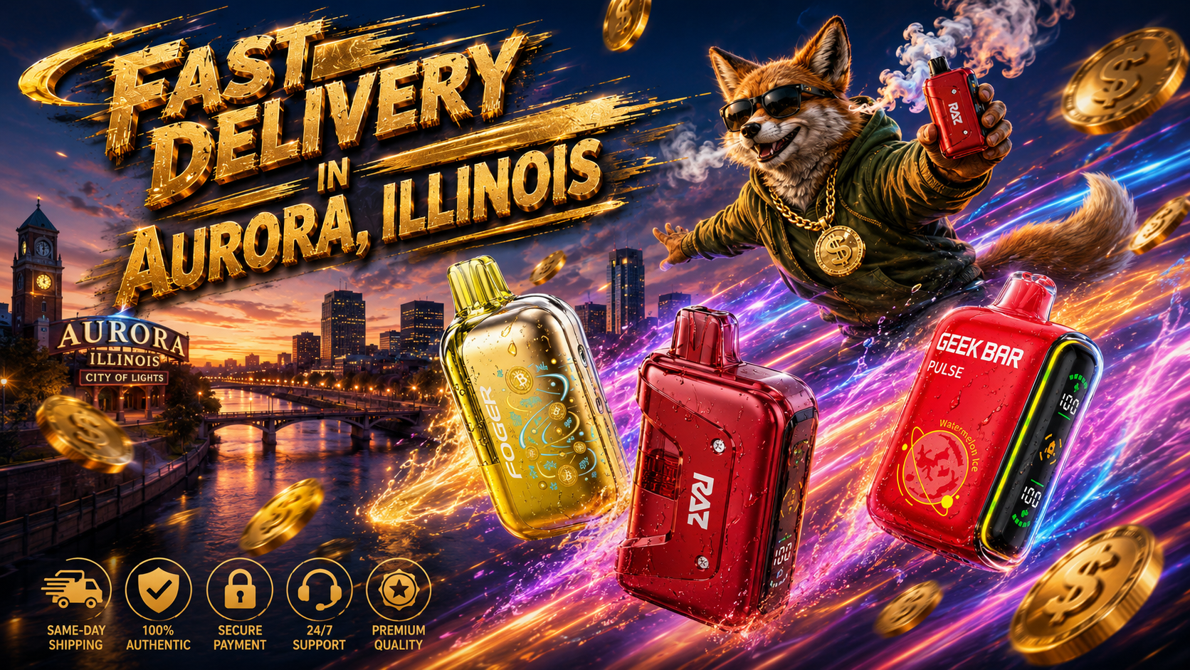 Three vivid vape devices surge through neon energy trails with gold coins and a fox above Aurora’s evening skyline.