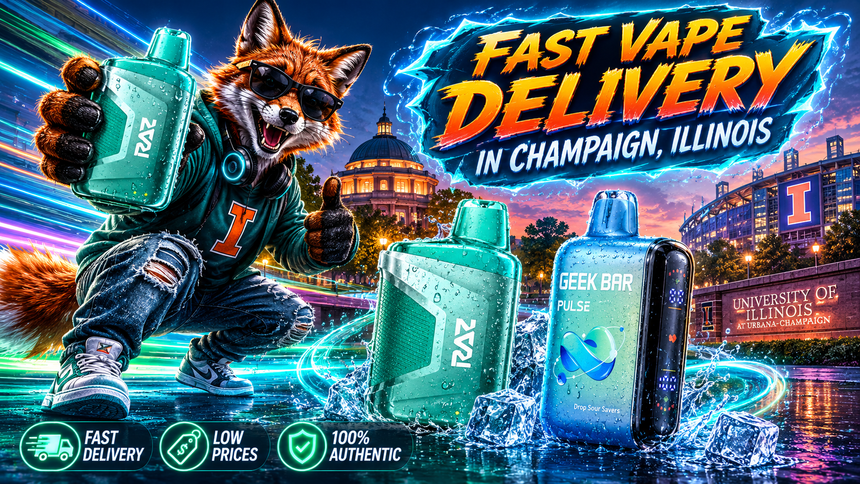 Aqua vape devices with icy water effects and a fox mascot against a vibrant Champaign, Illinois backdrop.