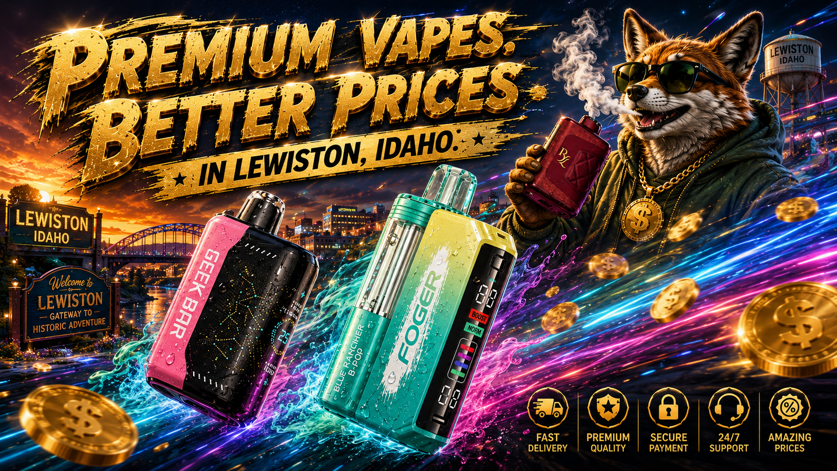 Colorful disposable vapes with a fox mascot, gold coins, and Lewiston, ID skyline promoting premium vapes at low prices.