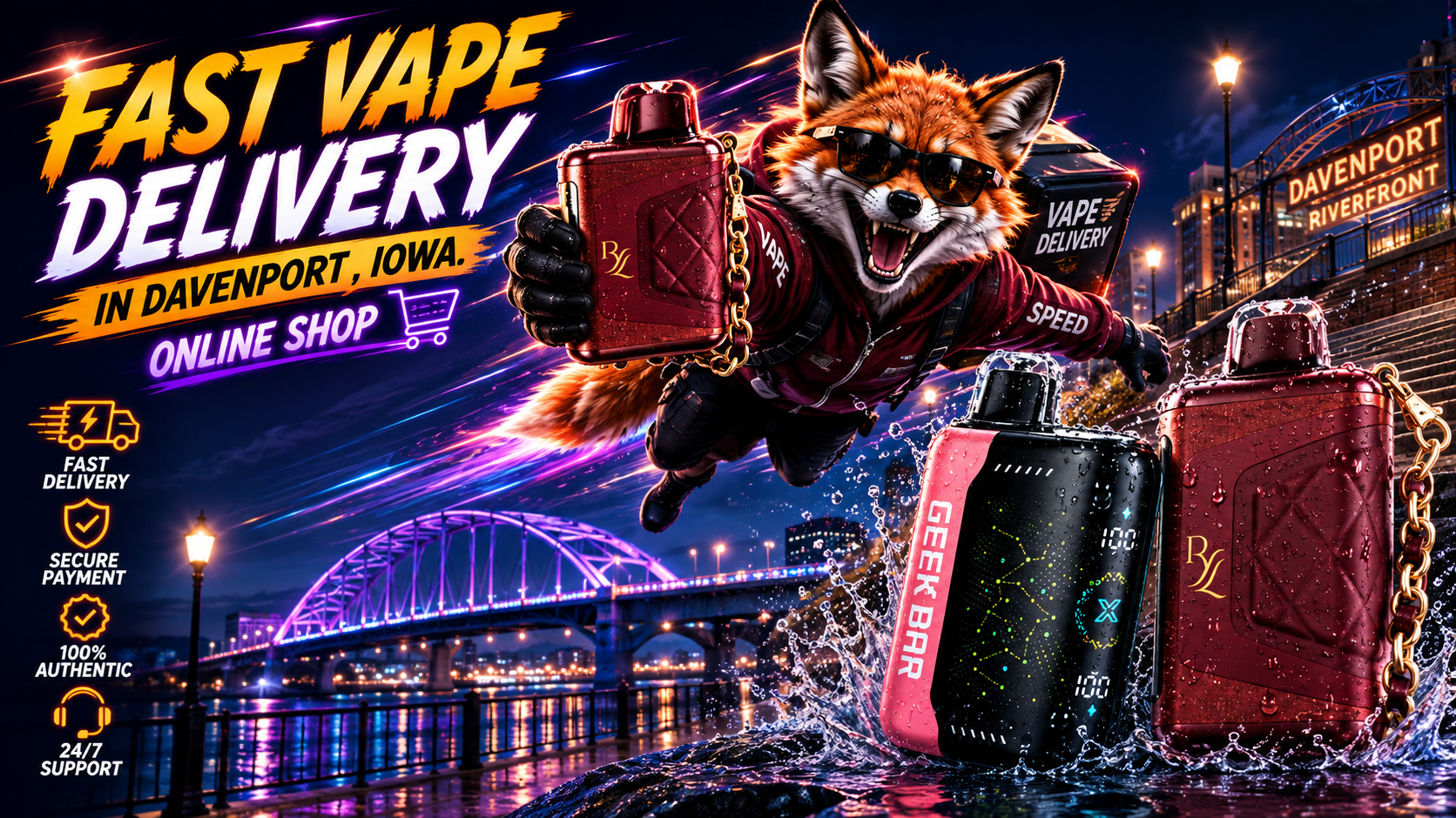 A fox races above colorful devices, water splashes, neon trails, and the illuminated Davenport riverfront.
