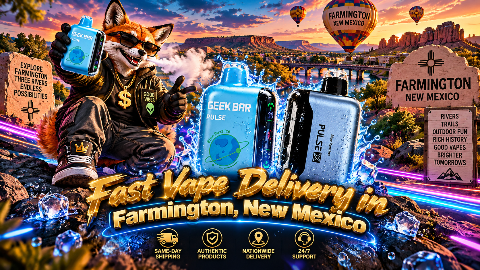 Water-covered colorful devices with icy splashes and neon trails set against Farmington's scenic sunset landscape.