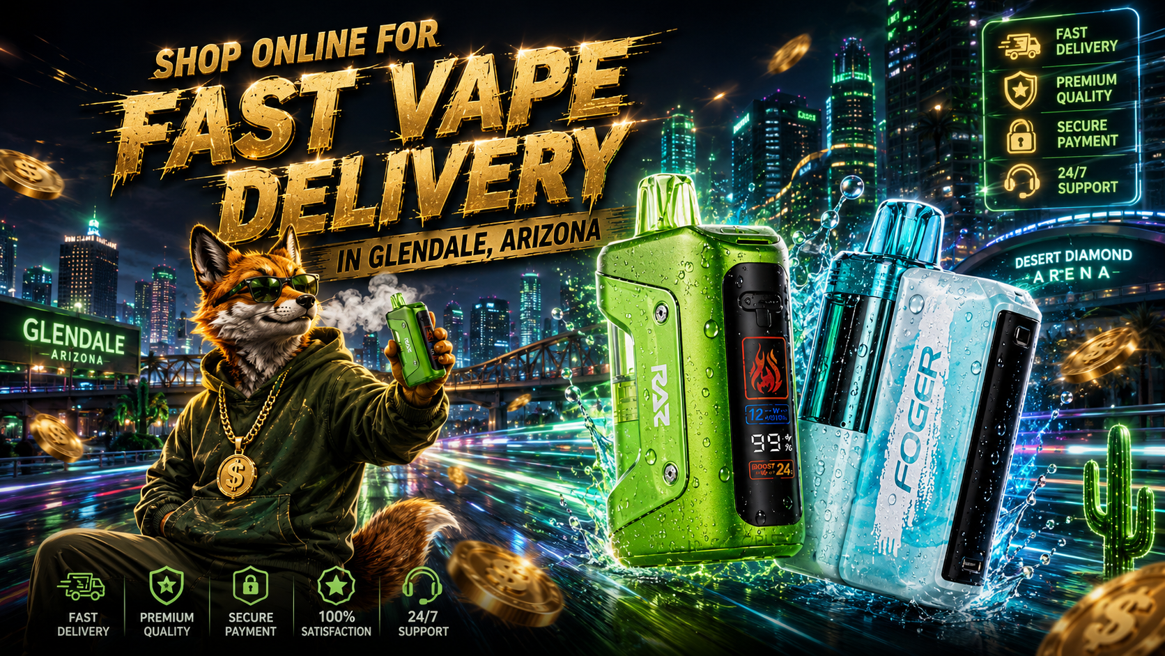 This eye-catching promotional banner features RAZ and Foger disposable vapes surrounded by water splashes and vibrant neon effects against the illuminated Glendale, Arizona skyline. A fashionable fox holds a green vape while floating gold coins, city landmarks, and premium service icons emphasize fast vape delivery, secure shopping, and affordable prices. The bold gold headline promotes fast vape delivery in Glendale, Arizona, highlighting a trusted online vape shop with a wide selection of disposable vapes and reliable shipping.