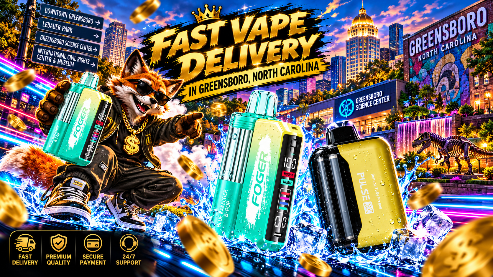 Water-dappled vape devices emerge through icy splashes and neon lights against a colorful Greensboro city backdrop.