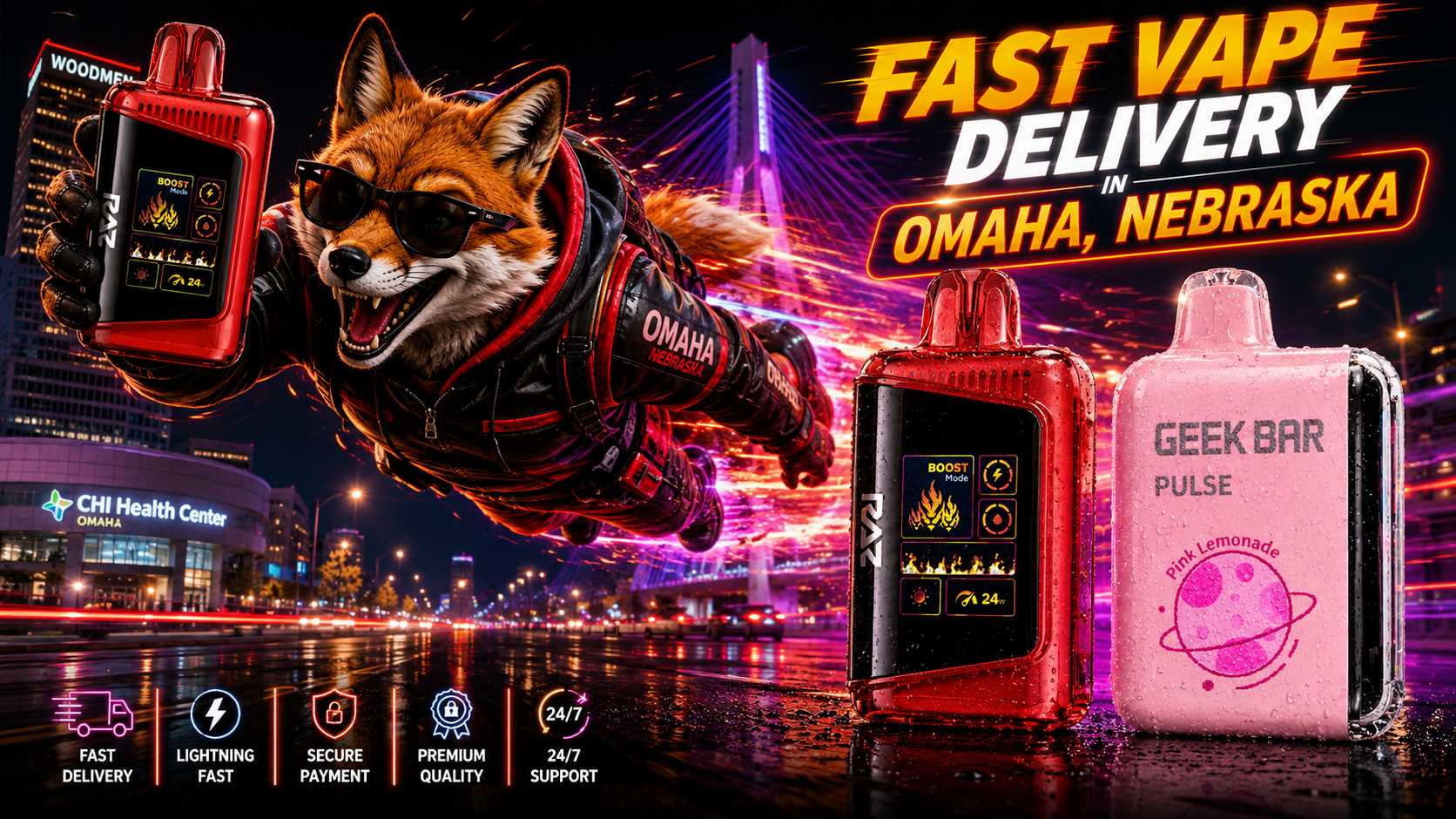 Red and pink vape devices with water droplets, a flying fox mascot, and neon light trails across the Omaha skyline.