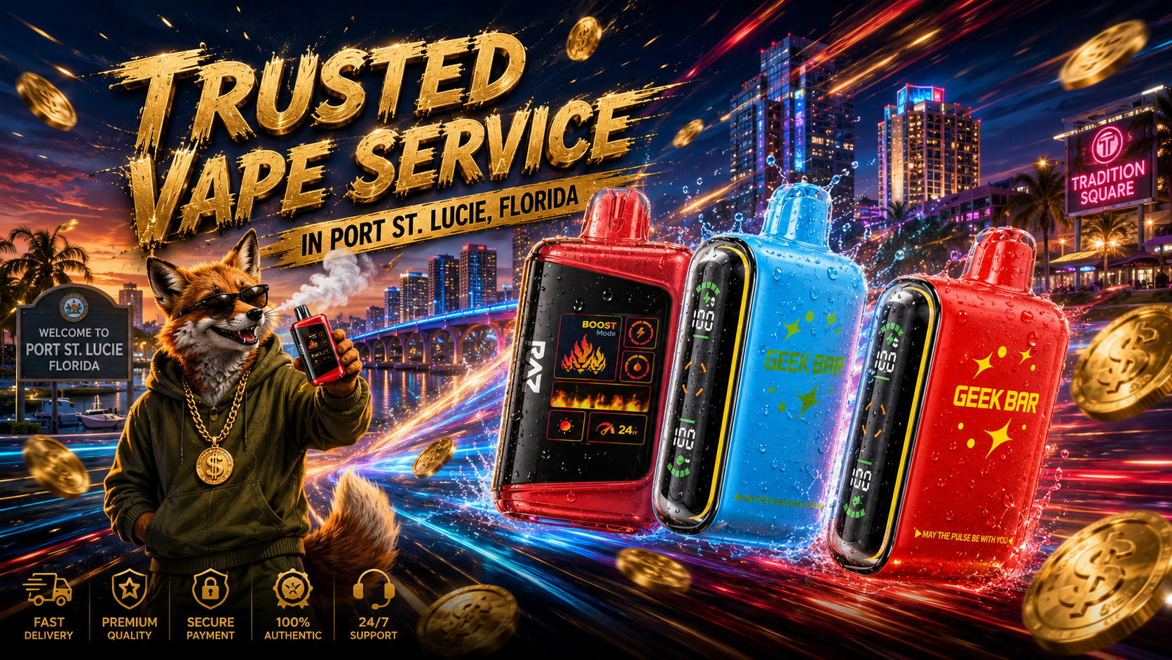 This dynamic promotional banner features three colorful disposable vape devices racing through the vibrant Port St. Lucie, Florida skyline with glowing light trails, splashing water droplets, and flying gold coins that emphasize speed and premium quality. A stylish fox mascot wearing sunglasses and a gold chain proudly holds a vape device beside the waterfront, reinforcing a trusted and authentic vape shopping experience. Large gold lettering reads 
